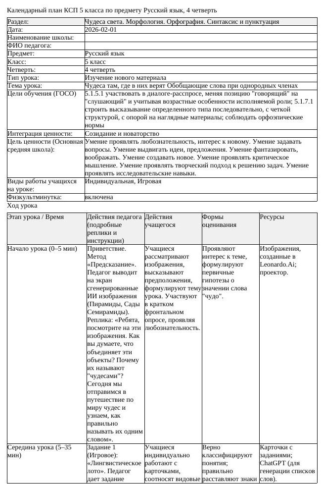 КСП Русский язык 5класс 4четверть Чудеса там где в них верят Обобщающие