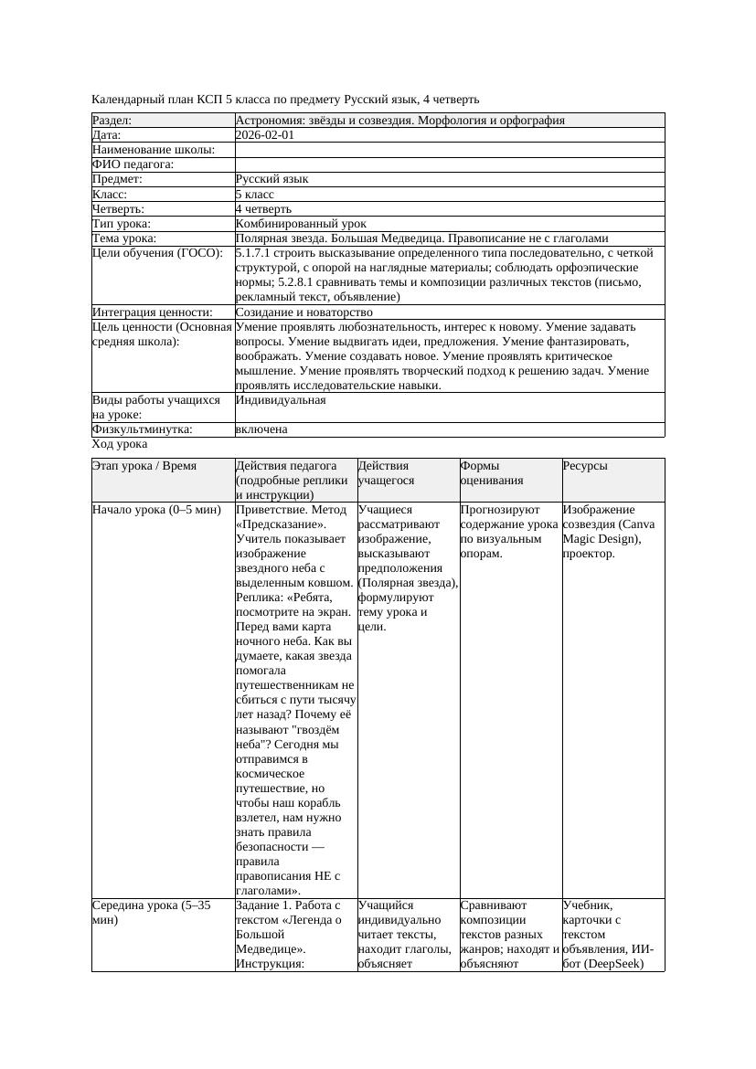 КСП Русский язык 5класс 4четверть Полярная звезда Большая Медведица