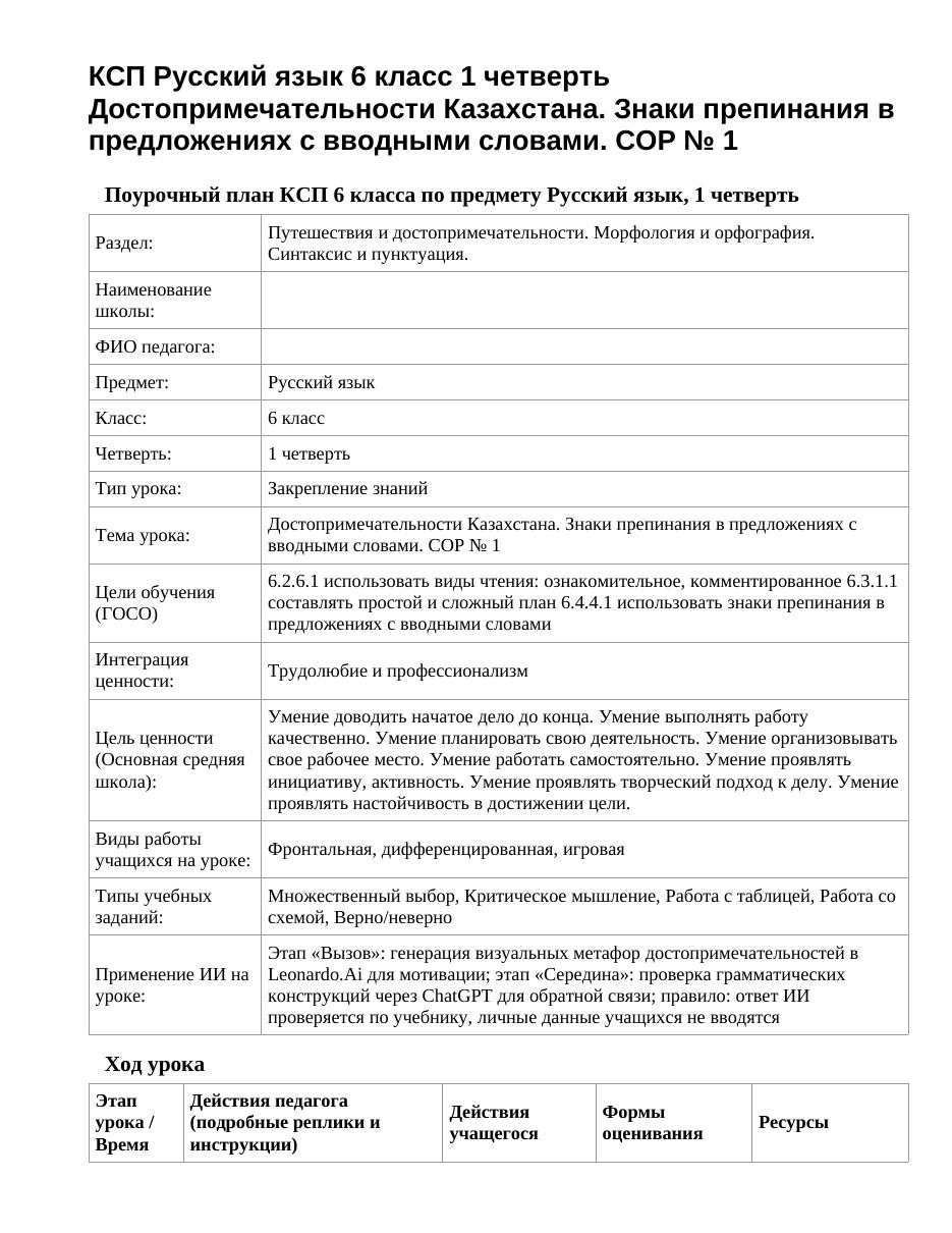 КСП Русский язык 6 класс 1 четверть Достопримечательности Казахстана. Знаки препинания в предложениях с вводными словами. СОР № 1