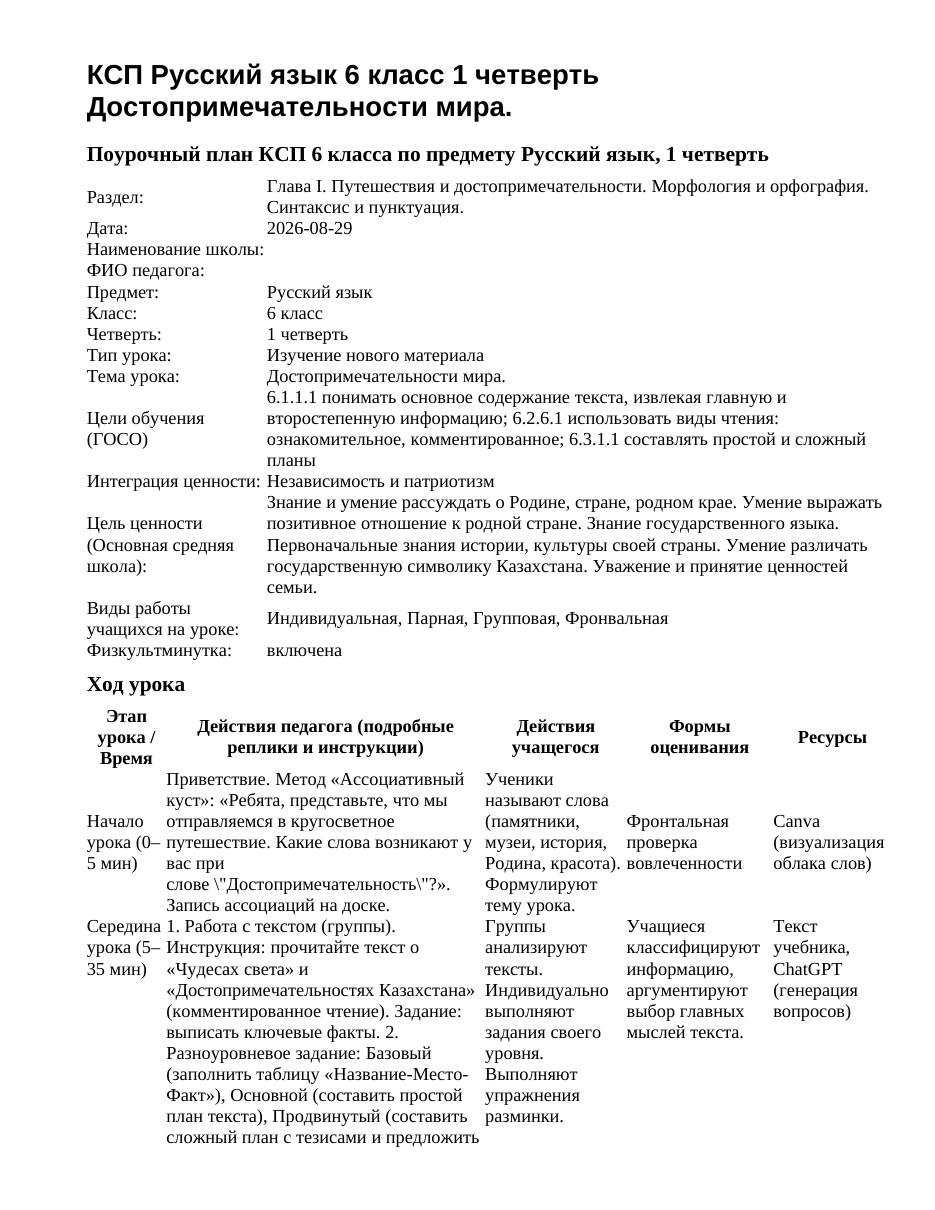 КСП Русский язык 6 класс 1 четверть Достопримечательности мира.