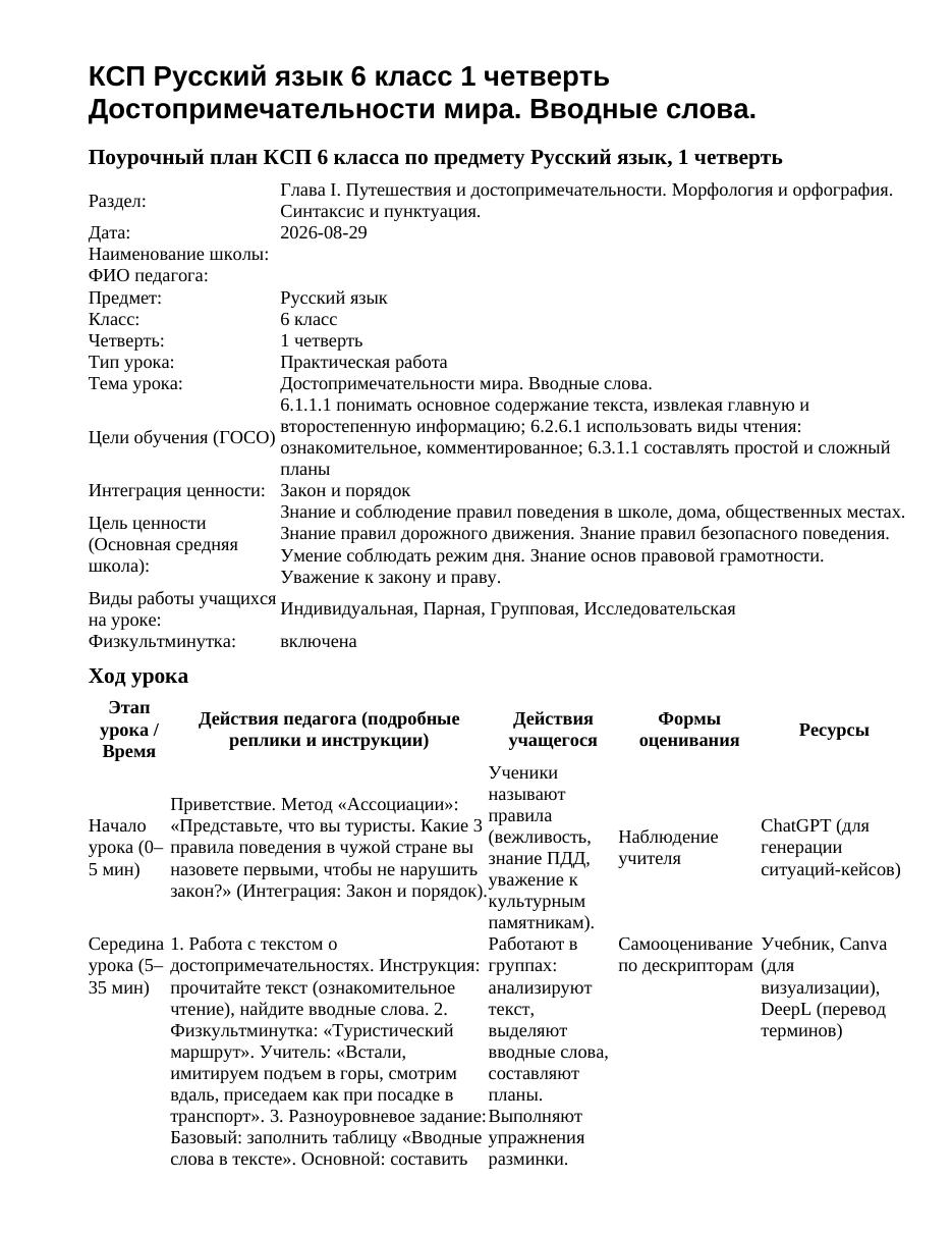 КСП Русский язык 6 класс 1 четверть Достопримечательности мира. Вводные слова.