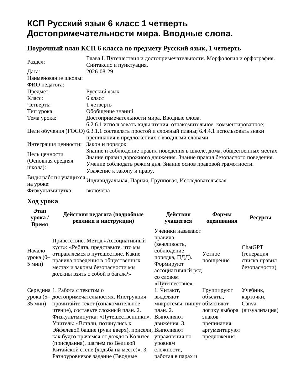 КСП Русский язык 6 класс 1 четверть Достопримечательности мира. Вводные слова.