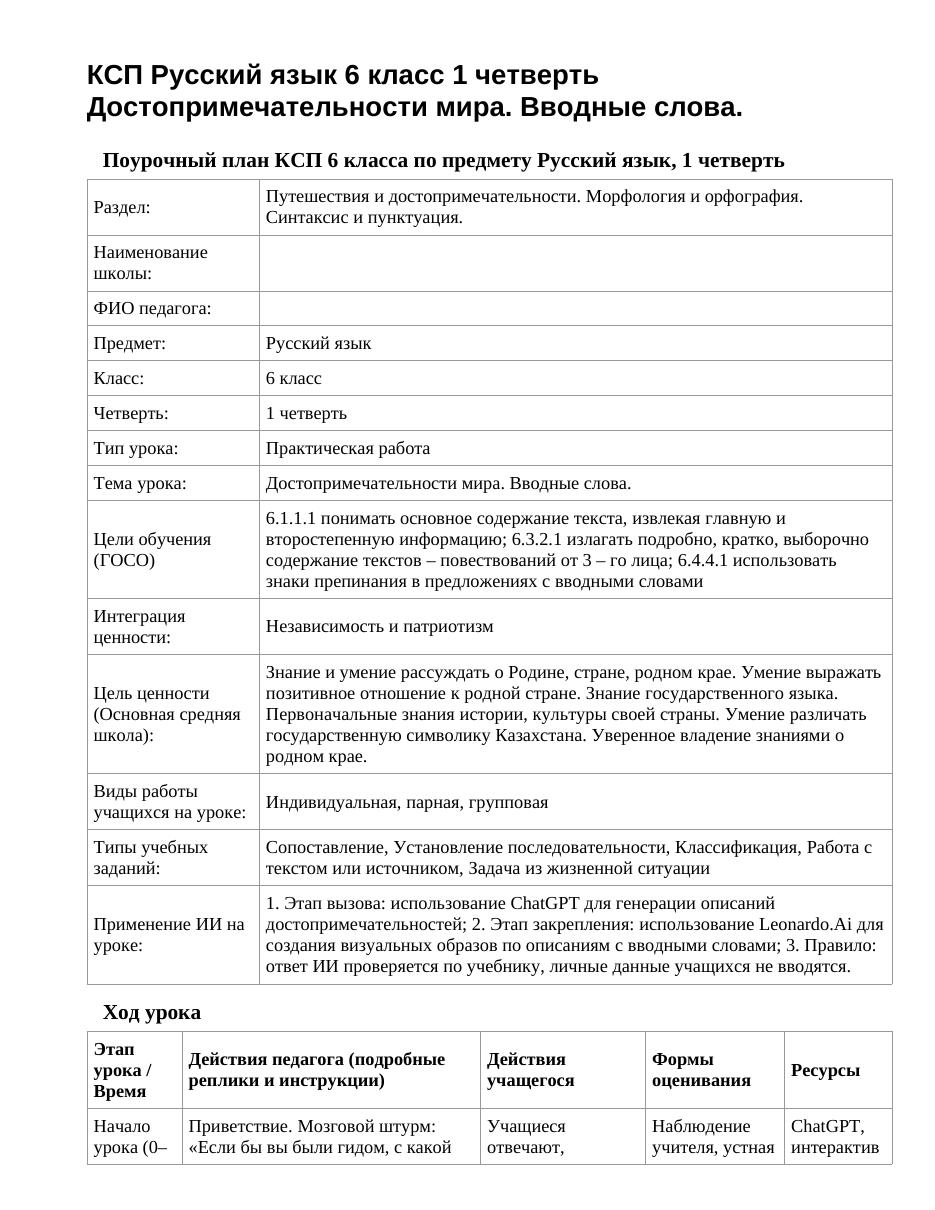КСП Русский язык 6 класс 1 четверть Достопримечательности мира. Вводные слова.