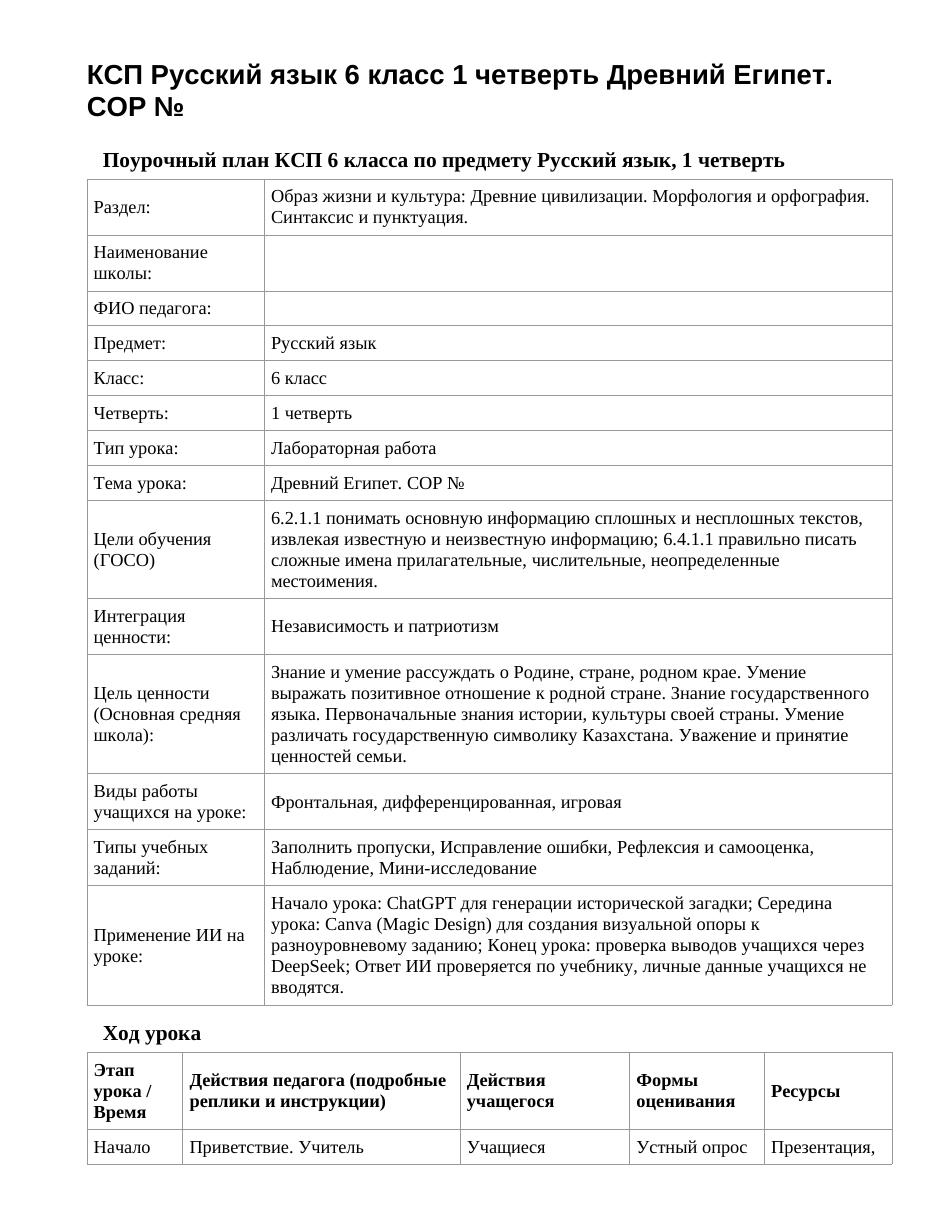 КСП Русский язык 6 класс 1 четверть Древний Египет. СОР №
