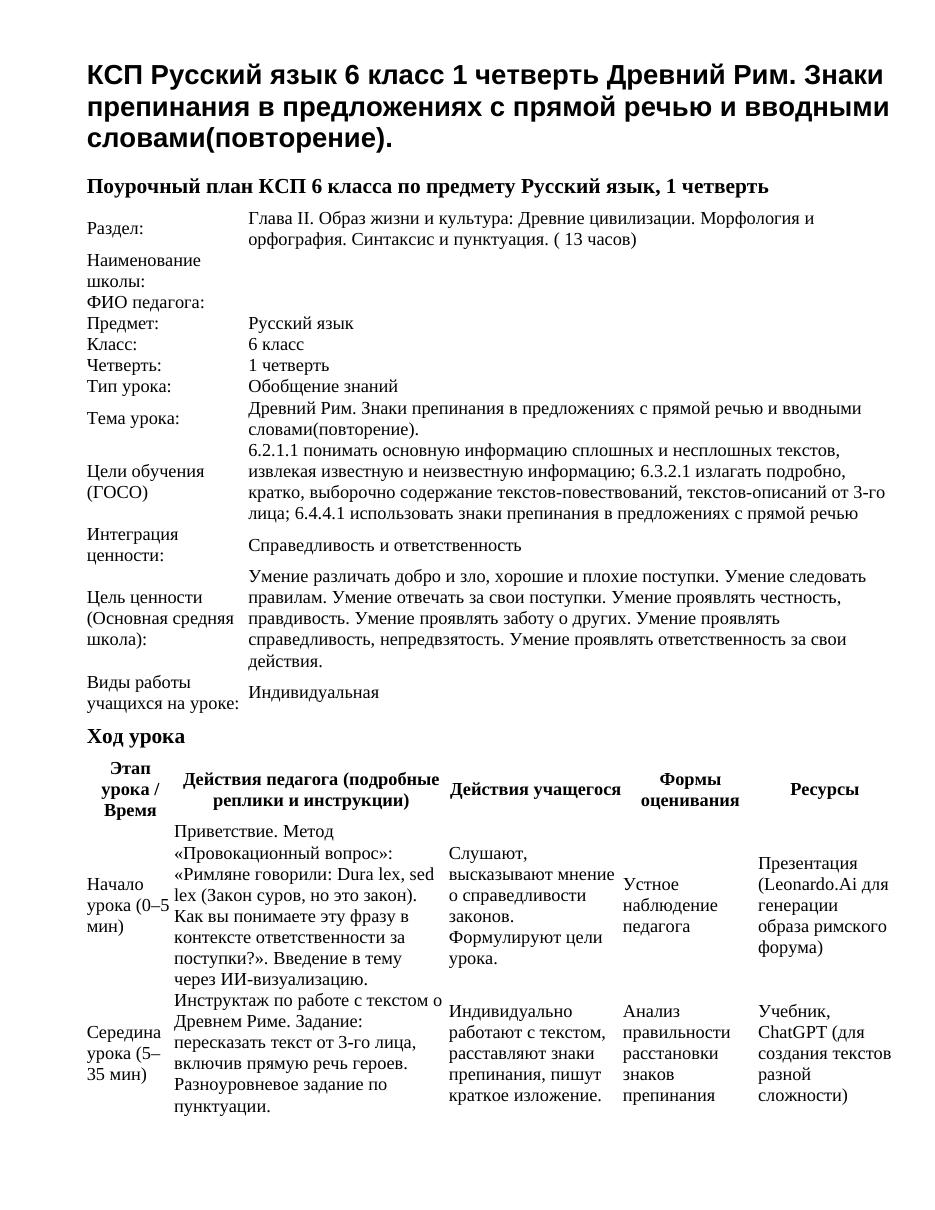 КСП Русский язык 6 класс 1 четверть Древний Рим. Знаки препинания в предложениях с прямой речью и вводными словами(повторение).
