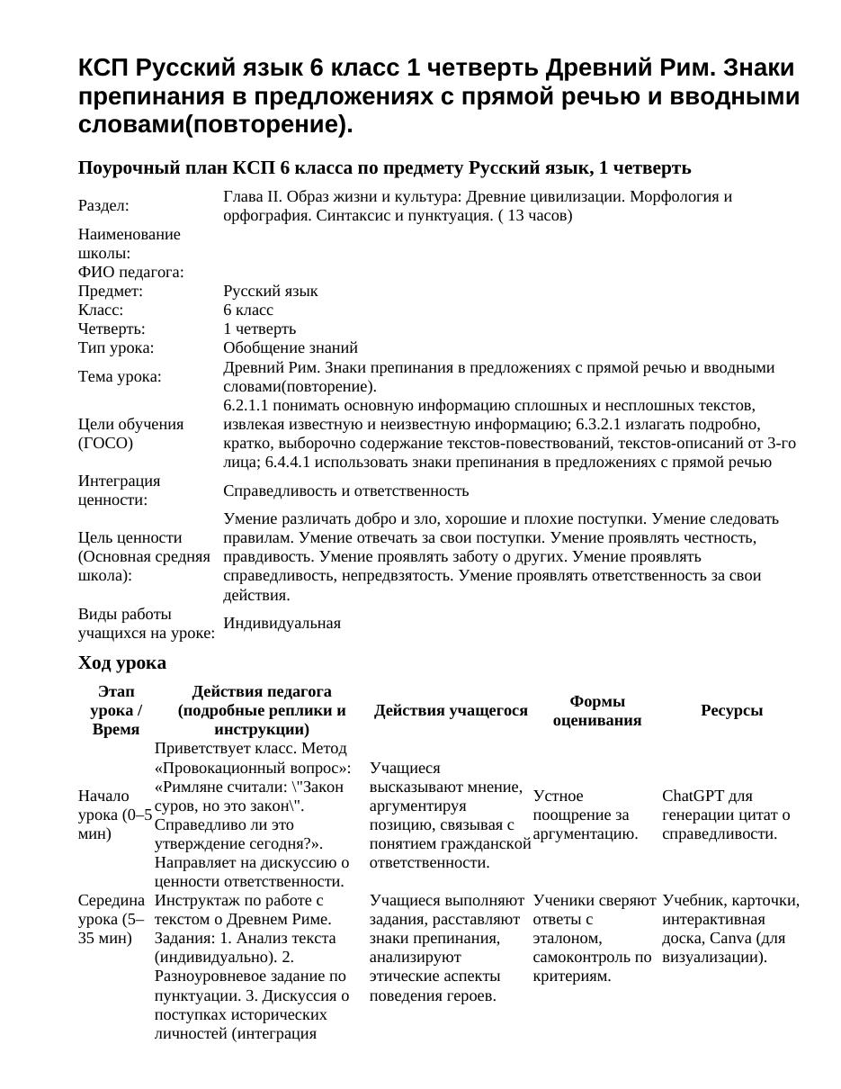 КСП Русский язык 6 класс 1 четверть Древний Рим. Знаки препинания в предложениях с прямой речью и вводными словами(повторение).
