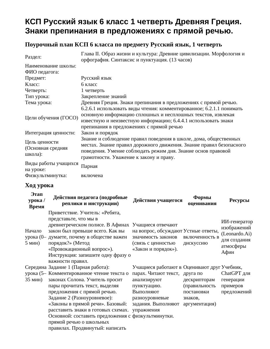 КСП Русский язык 6 класс 1 четверть Древняя Греция. Знаки препинания в предложениях с прямой речью.