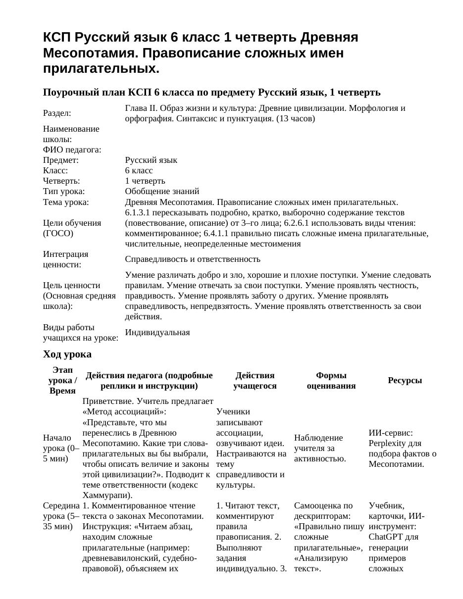 КСП Русский язык 6 класс 1 четверть Древняя Месопотамия. Правописание сложных имен прилагательных.