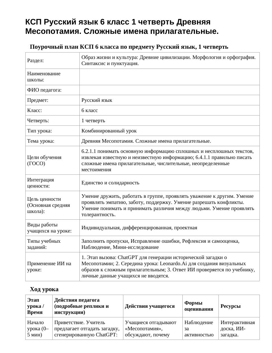 КСП Русский язык 6 класс 1 четверть Древняя Месопотамия. Сложные имена прилагательные.