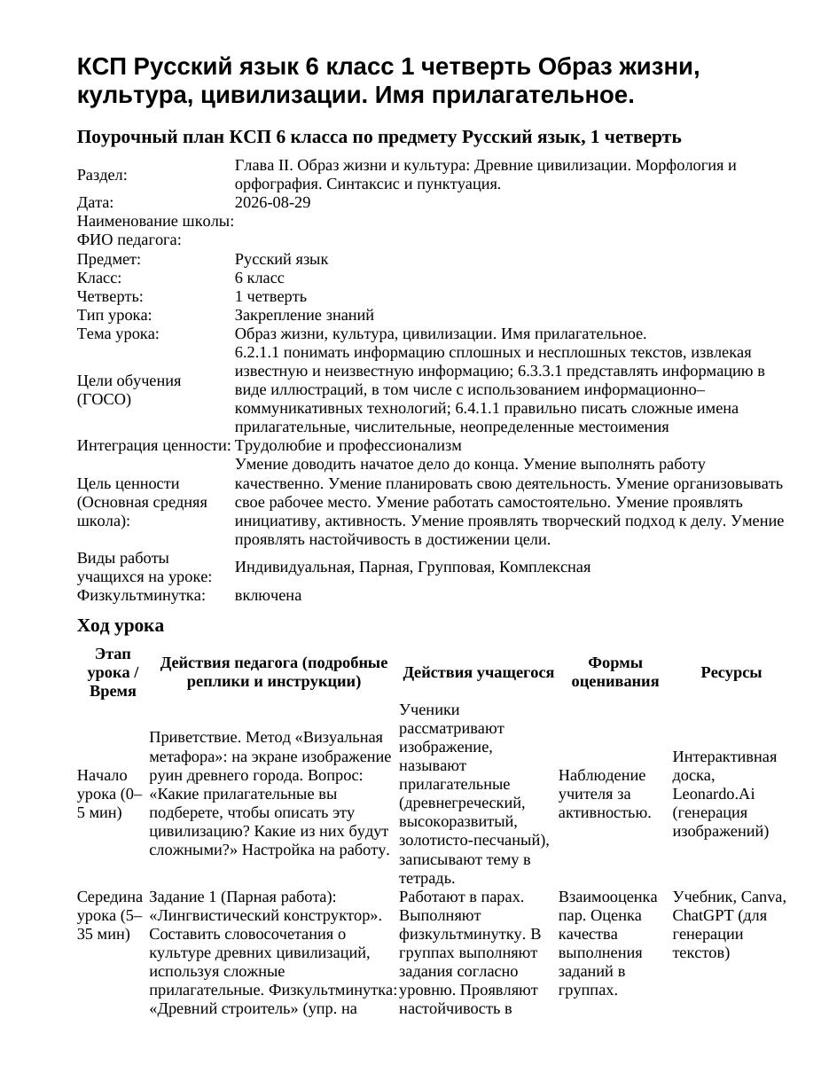 КСП Русский язык 6 класс 1 четверть Образ жизни, культура, цивилизации. Имя прилагательное.
