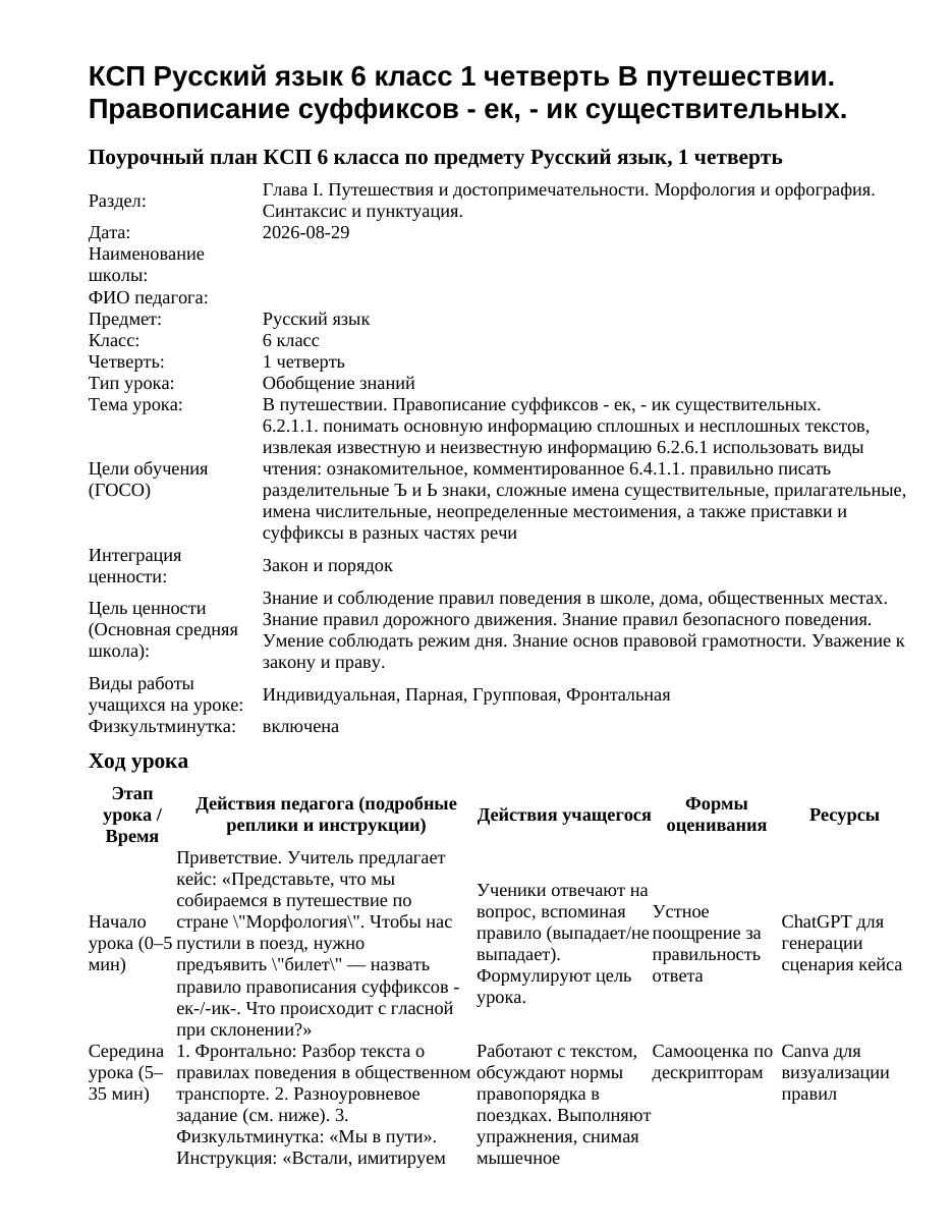 КСП Русский язык 6 класс 1 четверть В путешествии. Правописание суффиксов - ек, - ик существительных.