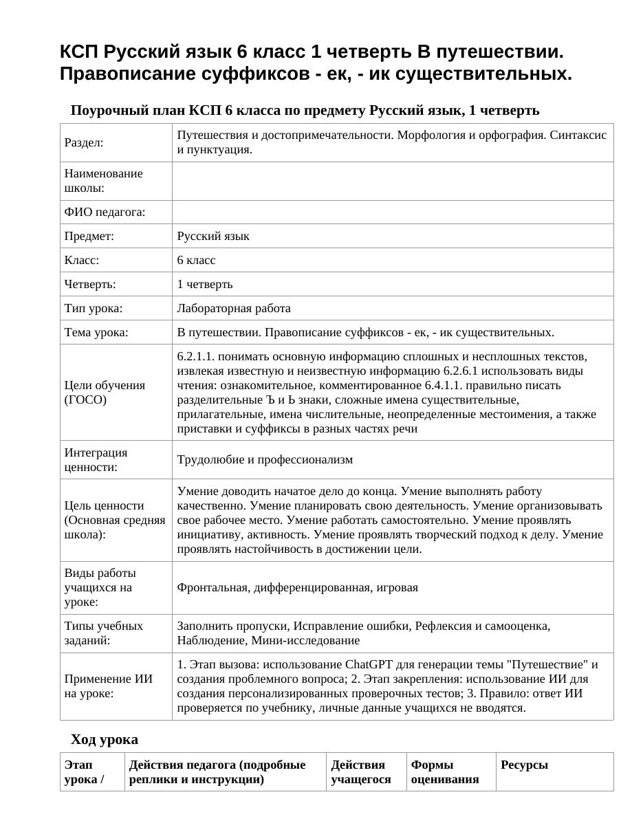 КСП Русский язык 6 класс 1 четверть В путешествии. Правописание суффиксов - ек, - ик существительных.