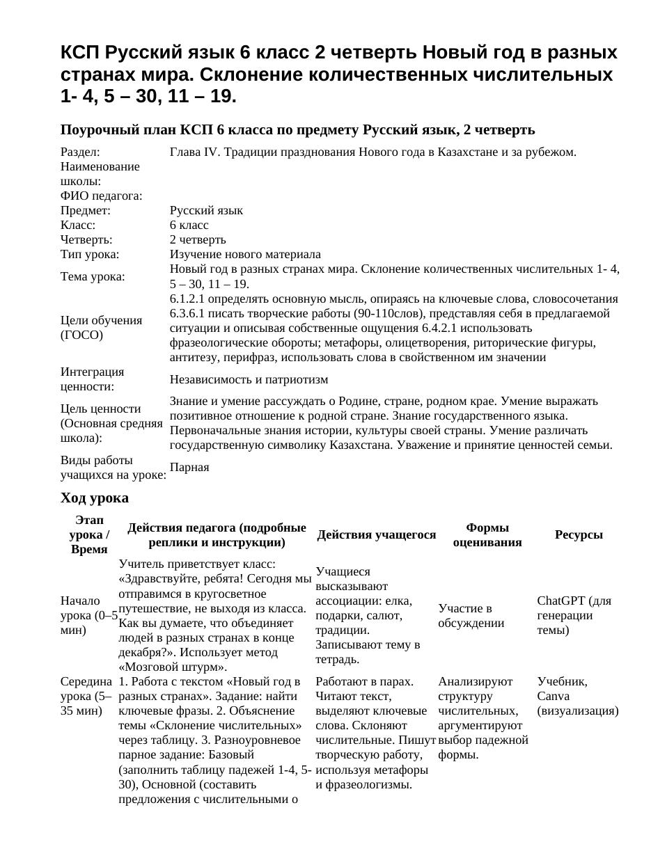 КСП Русский язык 6 класс 2 четверть Новый год в разных странах мира. Склонение количественных числительных 1- 4, 5 – 30, 11 – 19.