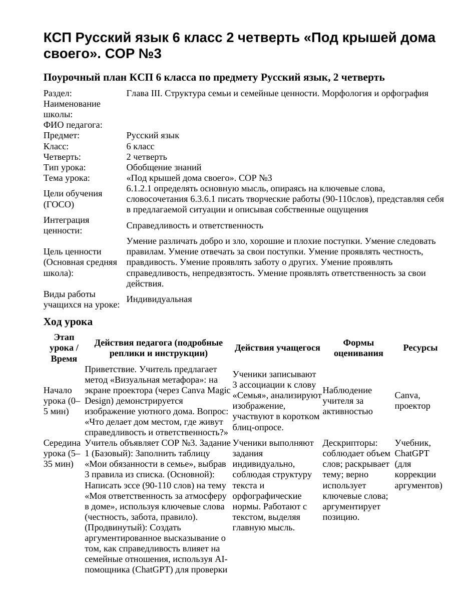 КСП Русский язык 6 класс 2 четверть «Под крышей дома своего». СОР №3