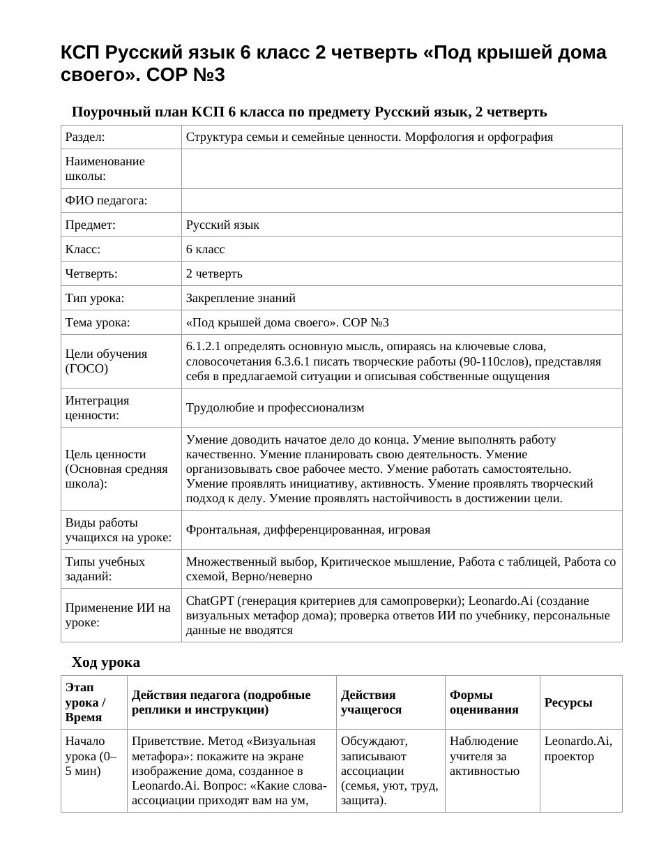КСП Русский язык 6 класс 2 четверть «Под крышей дома своего». СОР №3