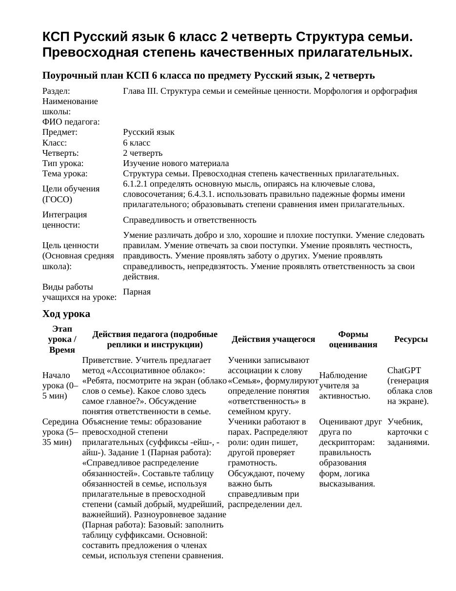 КСП Русский язык 6 класс 2 четверть Структура семьи. Превосходная степень качественных прилагательных.