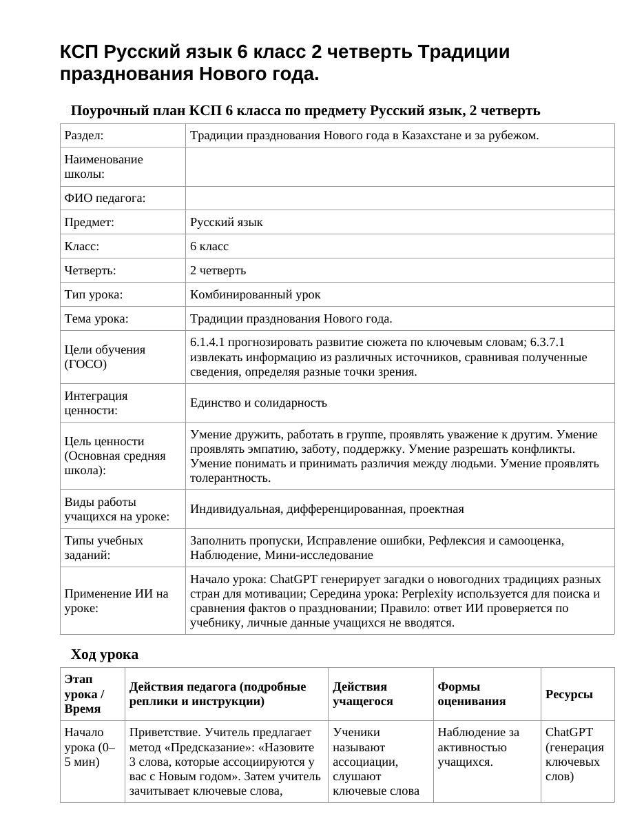 КСП Русский язык 6 класс 2 четверть Традиции празднования Нового года.