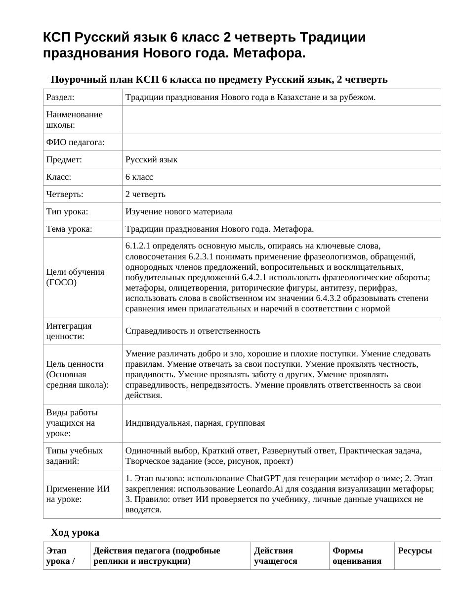 КСП Русский язык 6 класс 2 четверть Традиции празднования Нового года. Метафора.