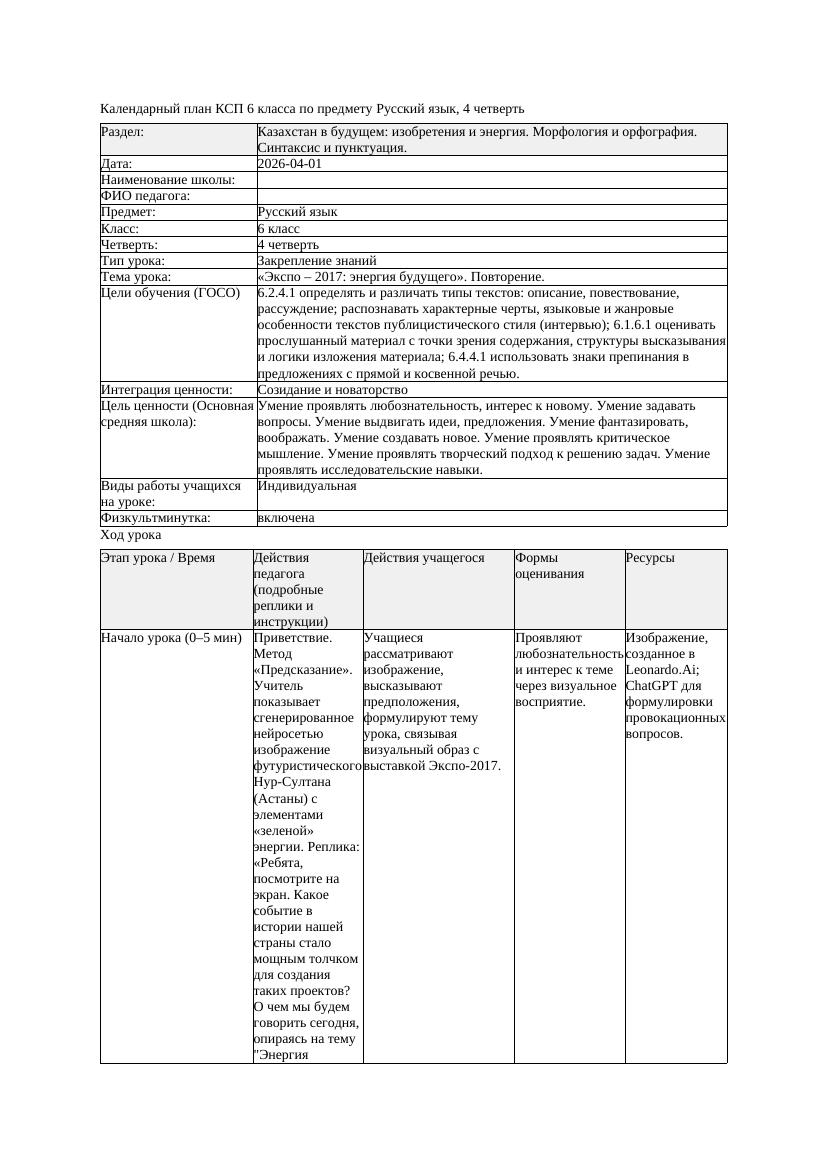 КСП Русский язык 6класс 4четверть Экспо 2017 энергия будущего Повторение