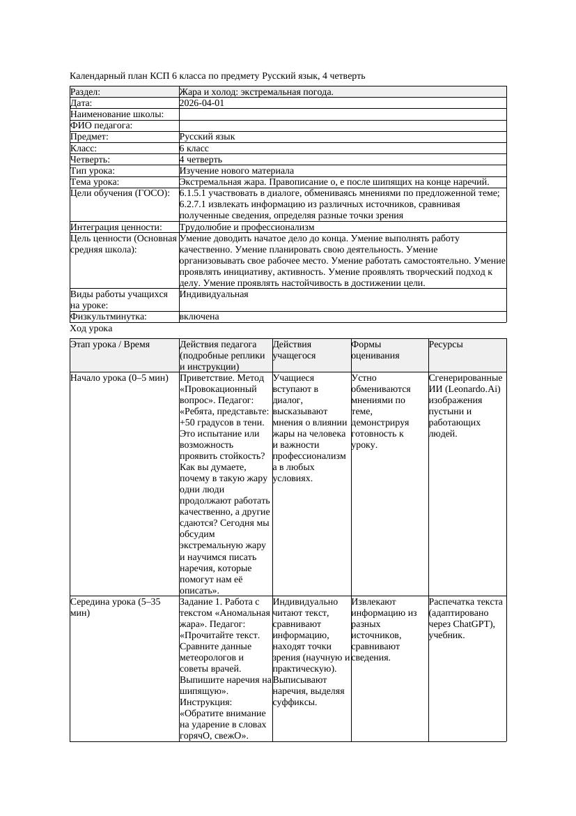 КСП Русский язык 6класс 4четверть Экстремальная жара Правописание