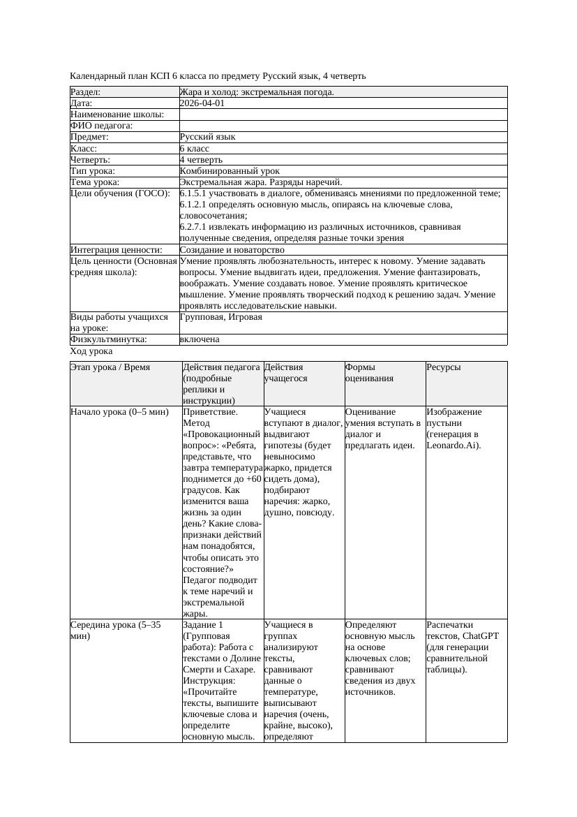 КСП Русский язык 6класс 4четверть Экстремальная жара Разряды наречий