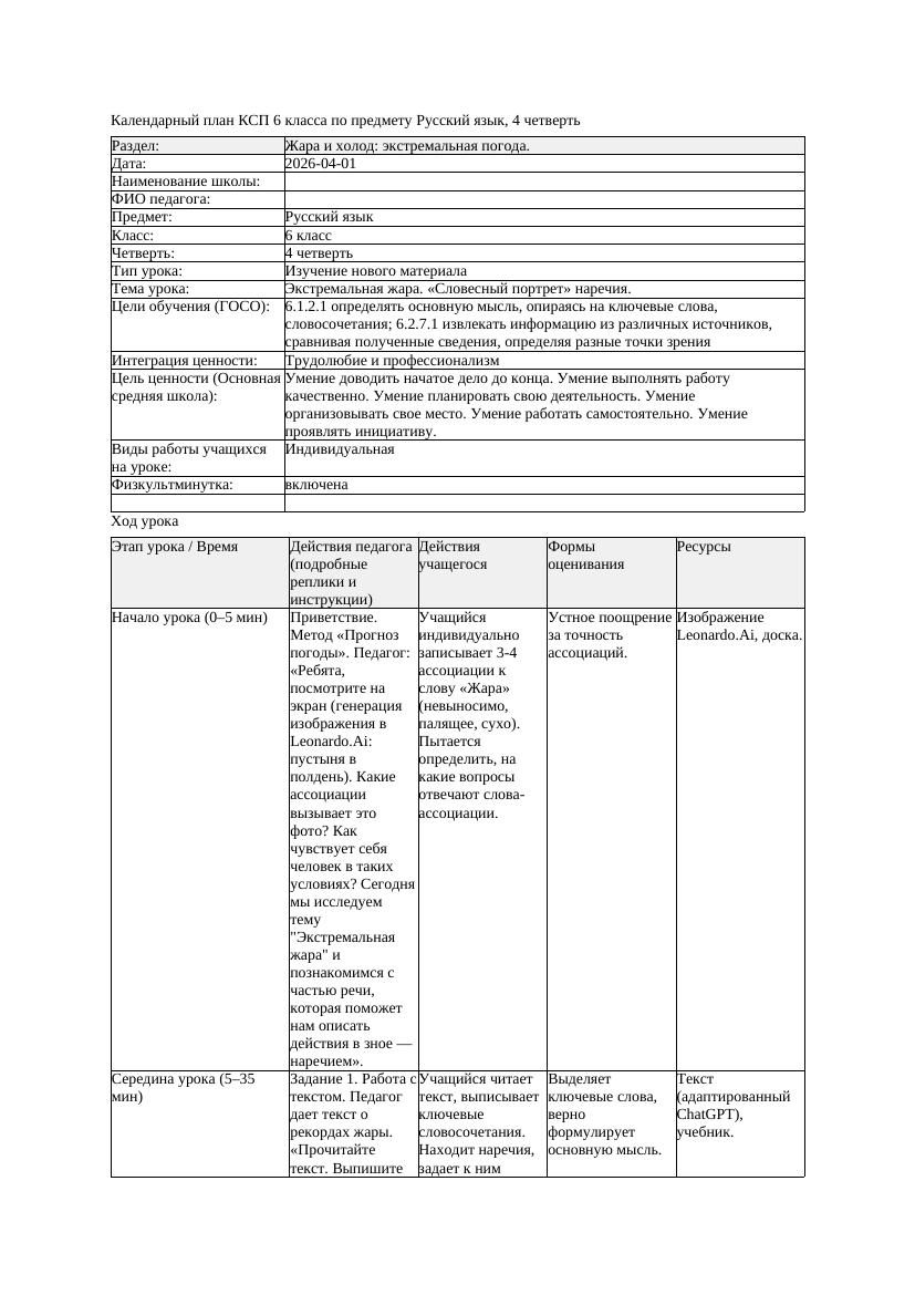 КСП Русский язык 6класс 4четверть Экстремальная жара Словесный портрет