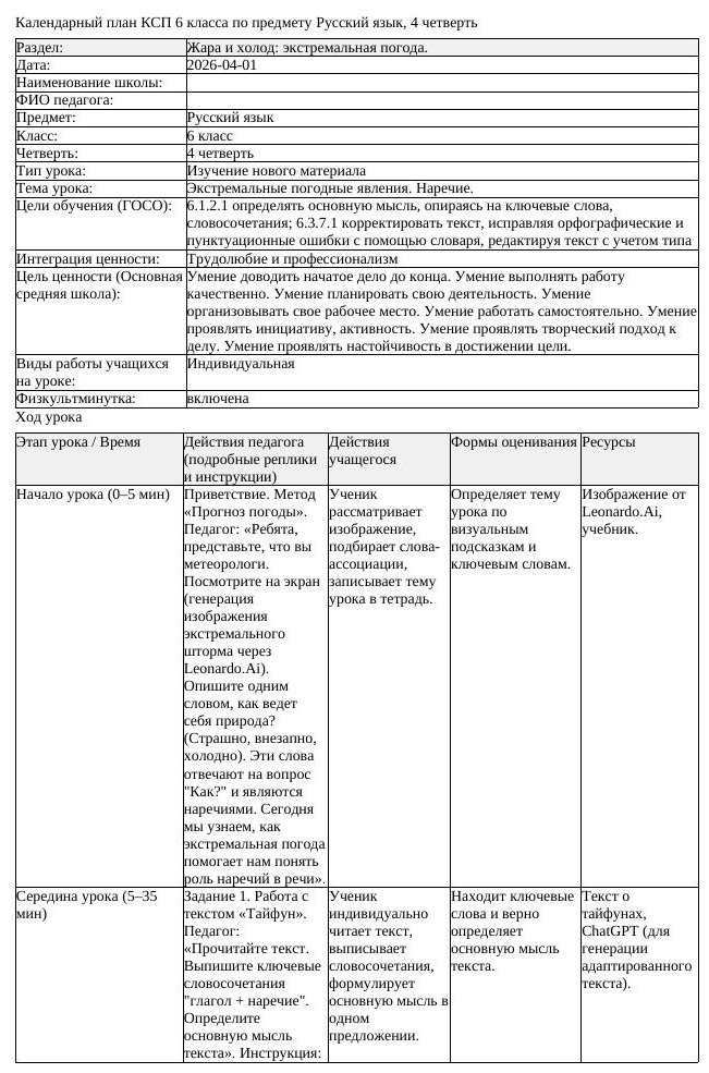 КСП Русский язык 6класс 4четверть Экстремальные погодные явления