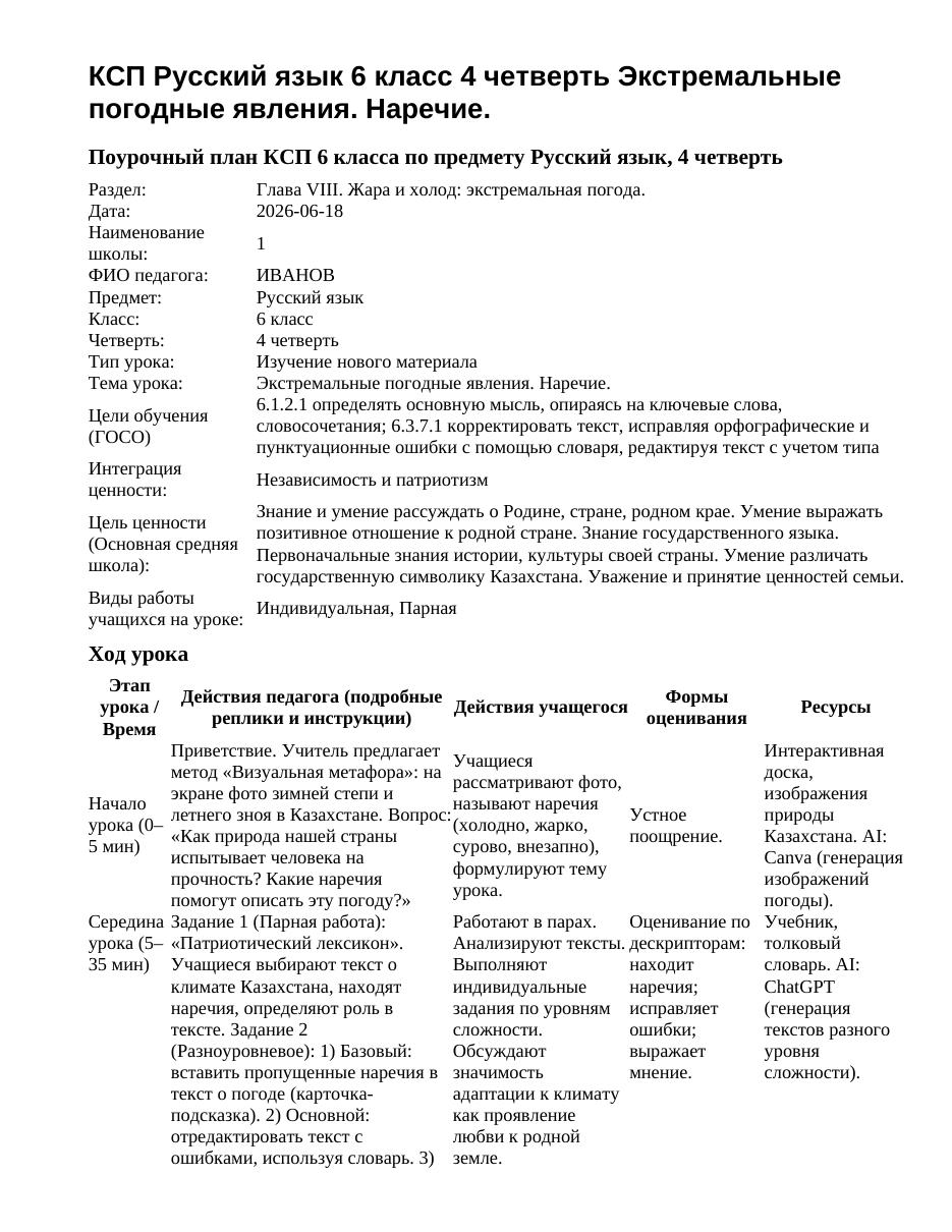 КСП Русский язык 6 класс 4 четверть Экстремальные погодные явления. Наречие.