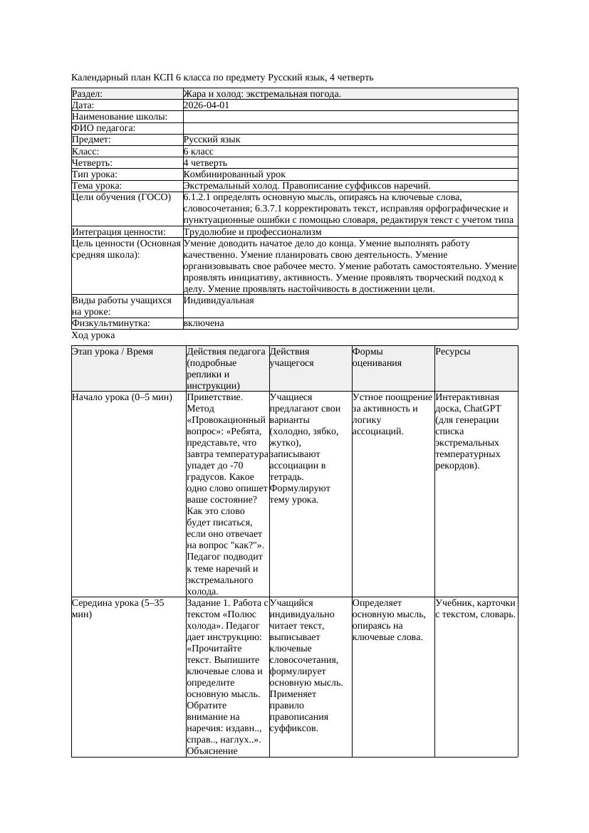 КСП Русский язык 6класс 4четверть Экстремальный холод Правописание