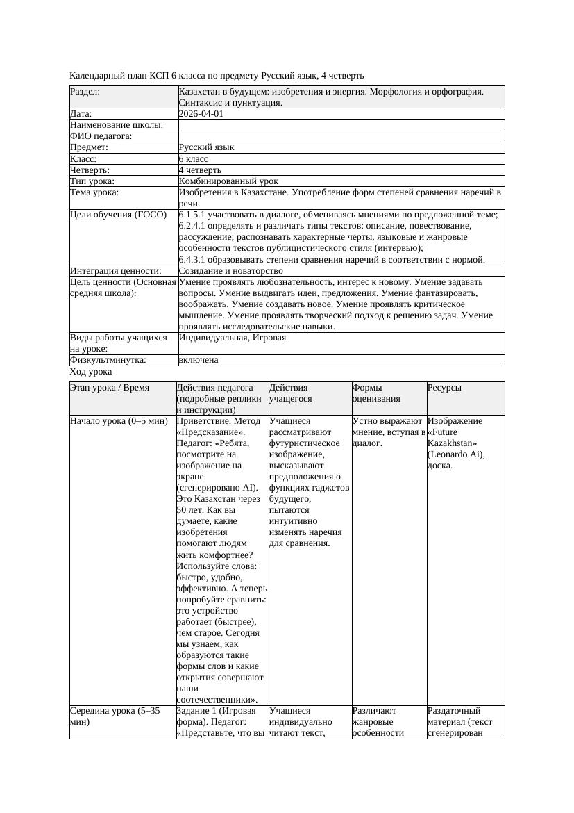 КСП Русский язык 6класс 4четверть Изобретения в Казахстане Употребление