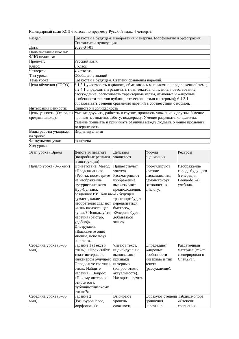 КСП Русский язык 6класс 4четверть Казахстан в будущем Степени сравнения