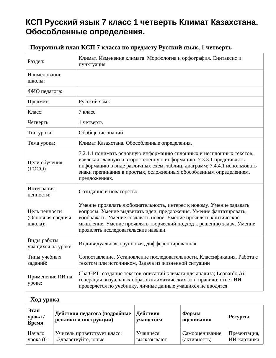 КСП Русский язык 7 класс 1 четверть Климат Казахстана. Обособленные определения.