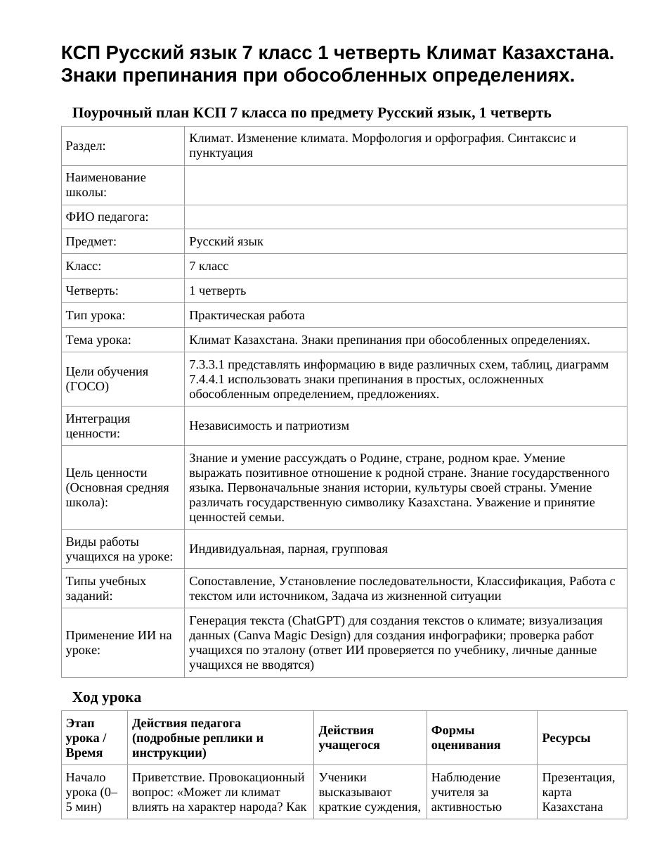 КСП Русский язык 7 класс 1 четверть Климат Казахстана. Знаки препинания при обособленных определениях.