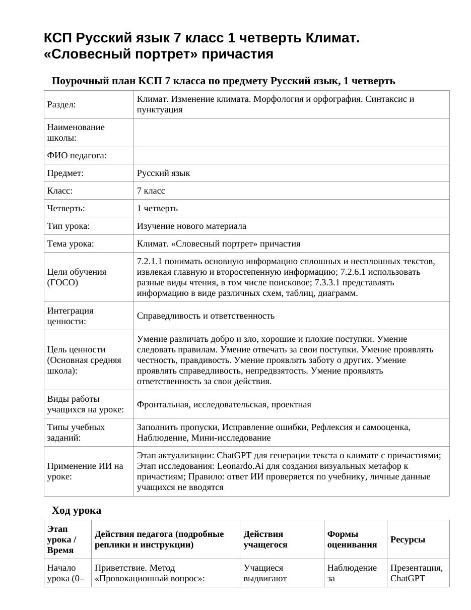 КСП Русский язык 7 класс 1 четверть Климат. «Словесный портрет» причастия
