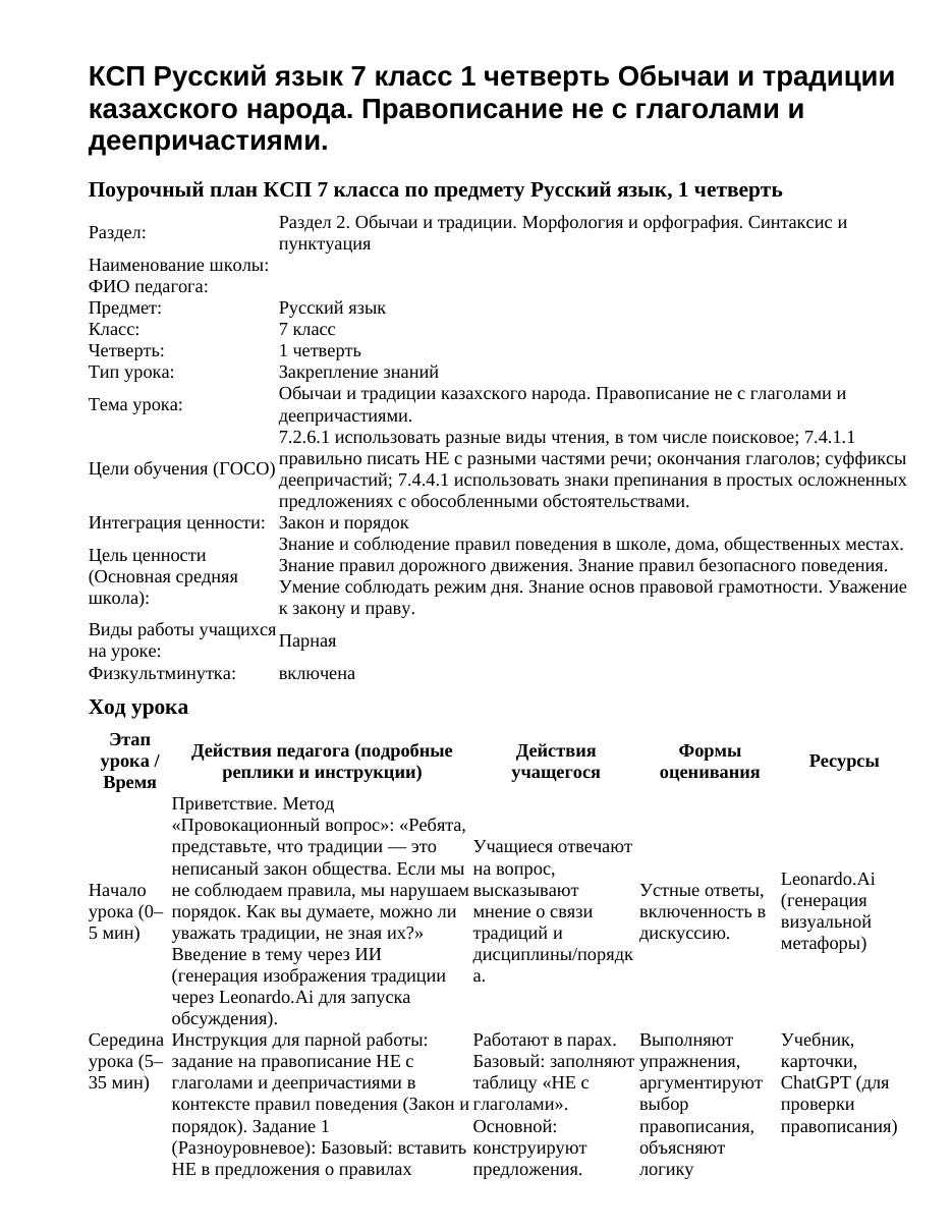КСП Русский язык 7 класс 1 четверть Обычаи и традиции казахского народа. Правописание не с глаголами и деепричастиями.