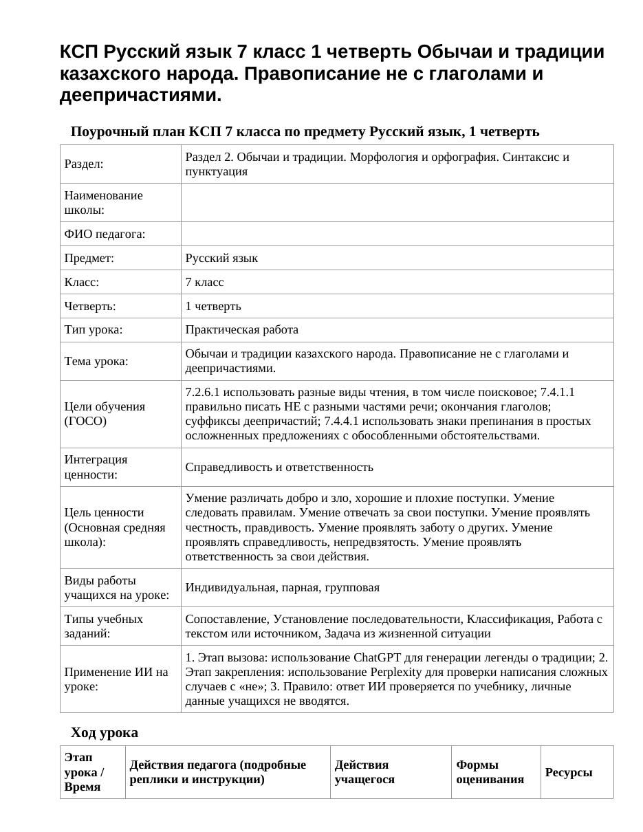 КСП Русский язык 7 класс 1 четверть Обычаи и традиции казахского народа. Правописание не с глаголами и деепричастиями.