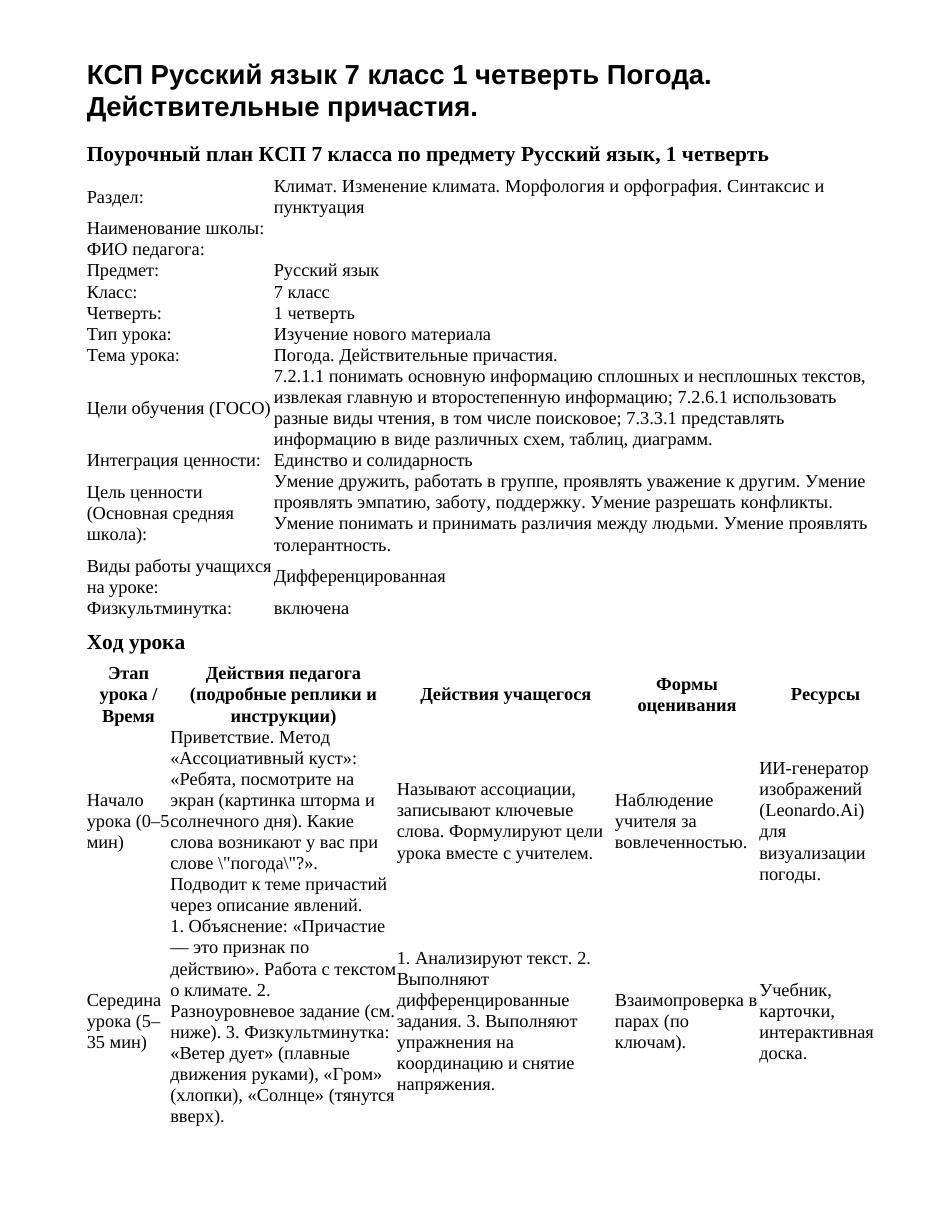 КСП Русский язык 7 класс 1 четверть Погода. Действительные причастия.