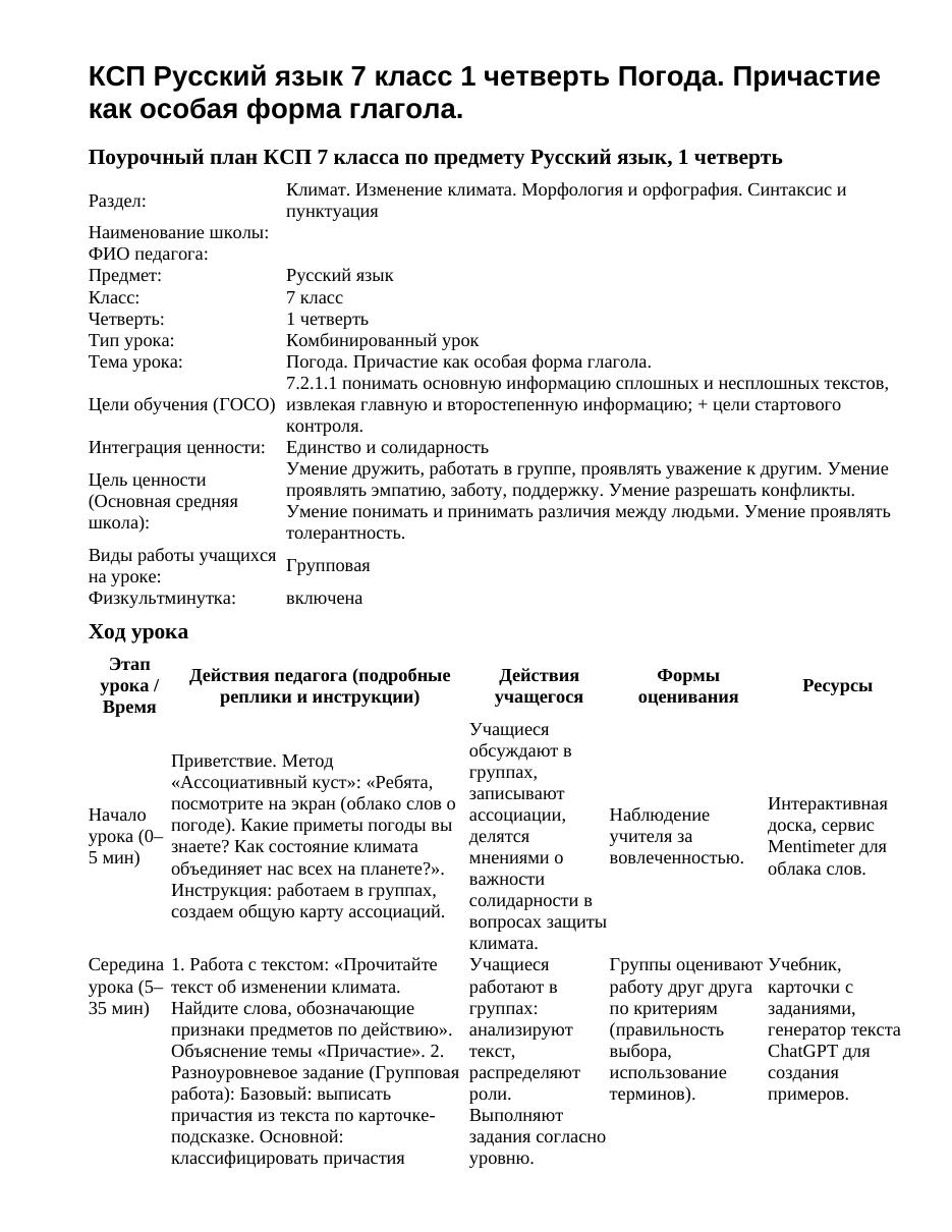КСП Русский язык 7 класс 1 четверть Погода. Причастие как особая форма глагола.