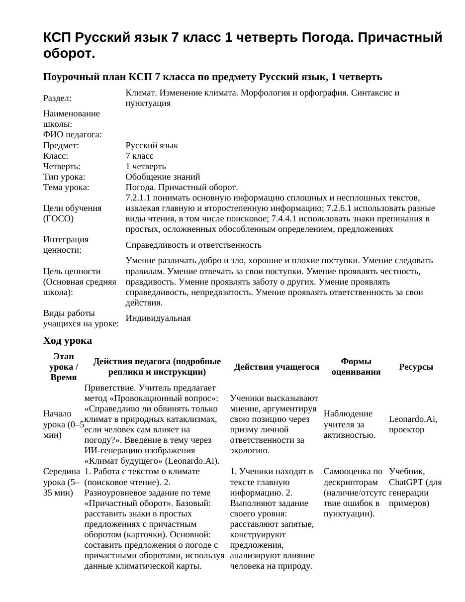 КСП Русский язык 7 класс 1 четверть Погода. Причастный оборот.