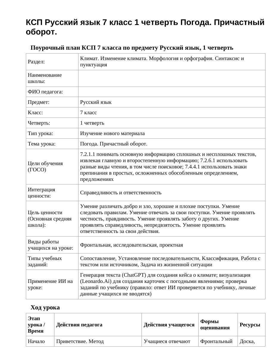 КСП Русский язык 7 класс 1 четверть Погода. Причастный оборот.
