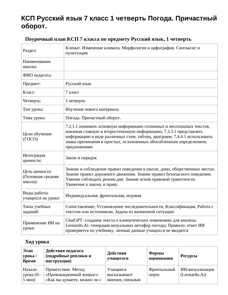 КСП Русский язык 7 класс 1 четверть Погода. Причастный оборот.