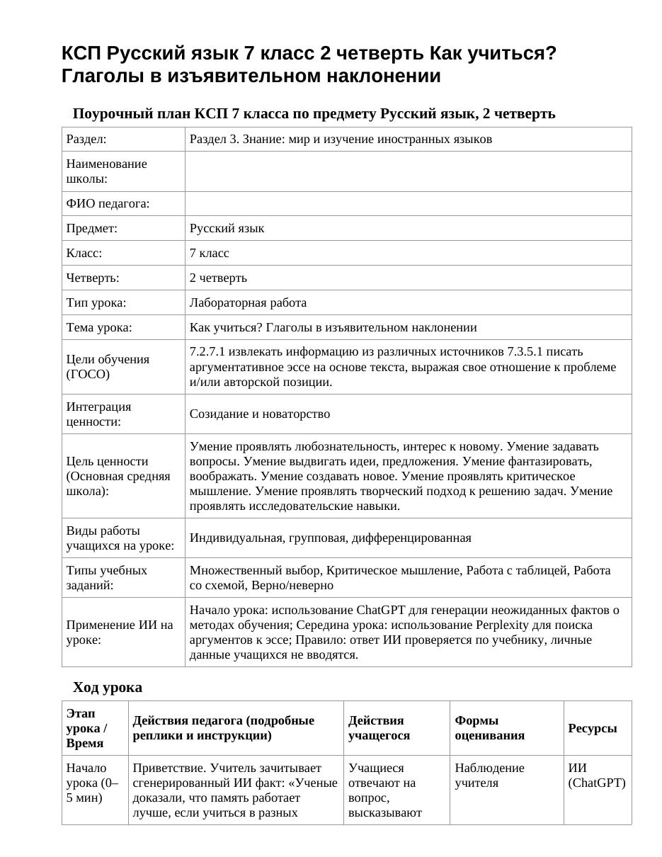КСП Русский язык 7 класс 2 четверть Как учиться? Глаголы в изъявительном наклонении