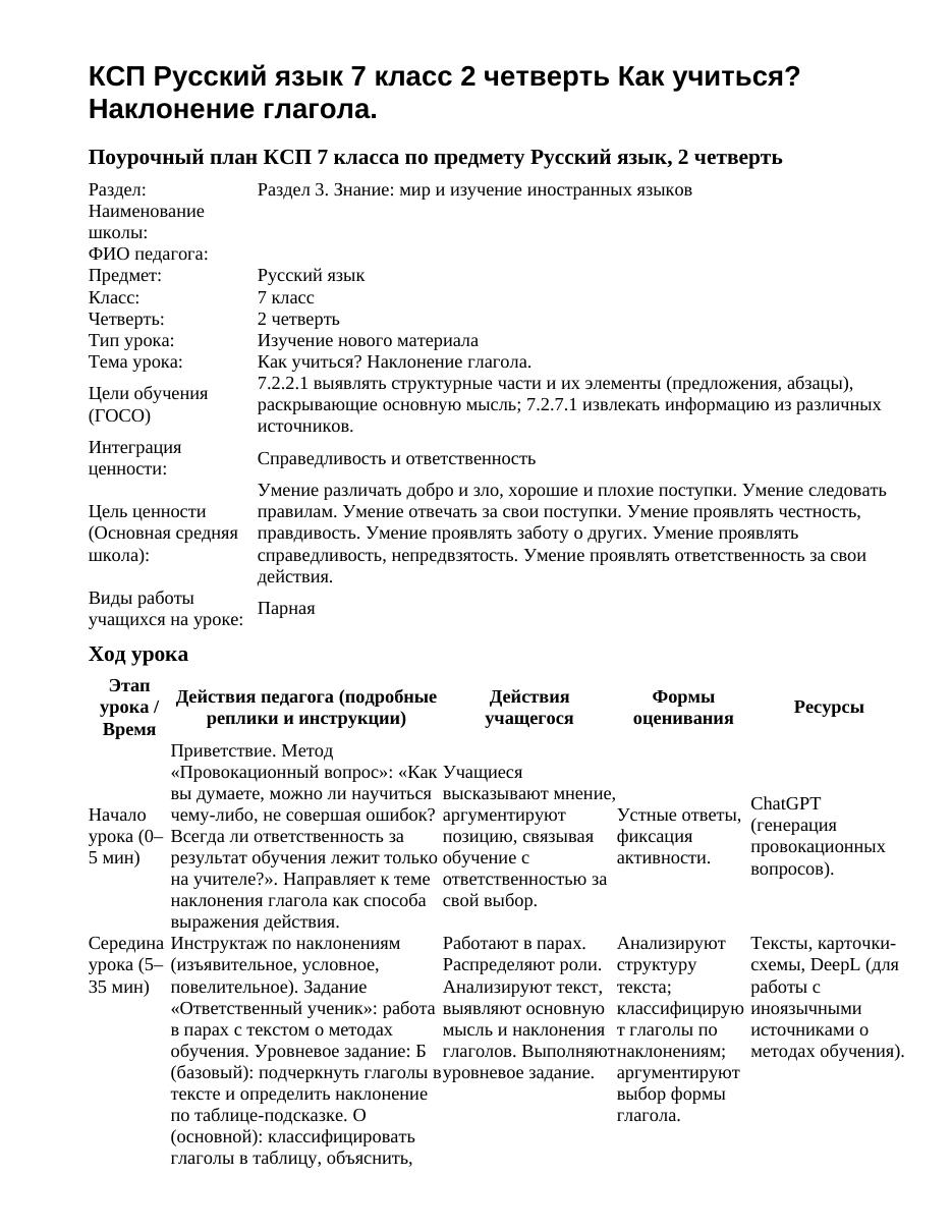 КСП Русский язык 7 класс 2 четверть Как учиться? Наклонение глагола.
