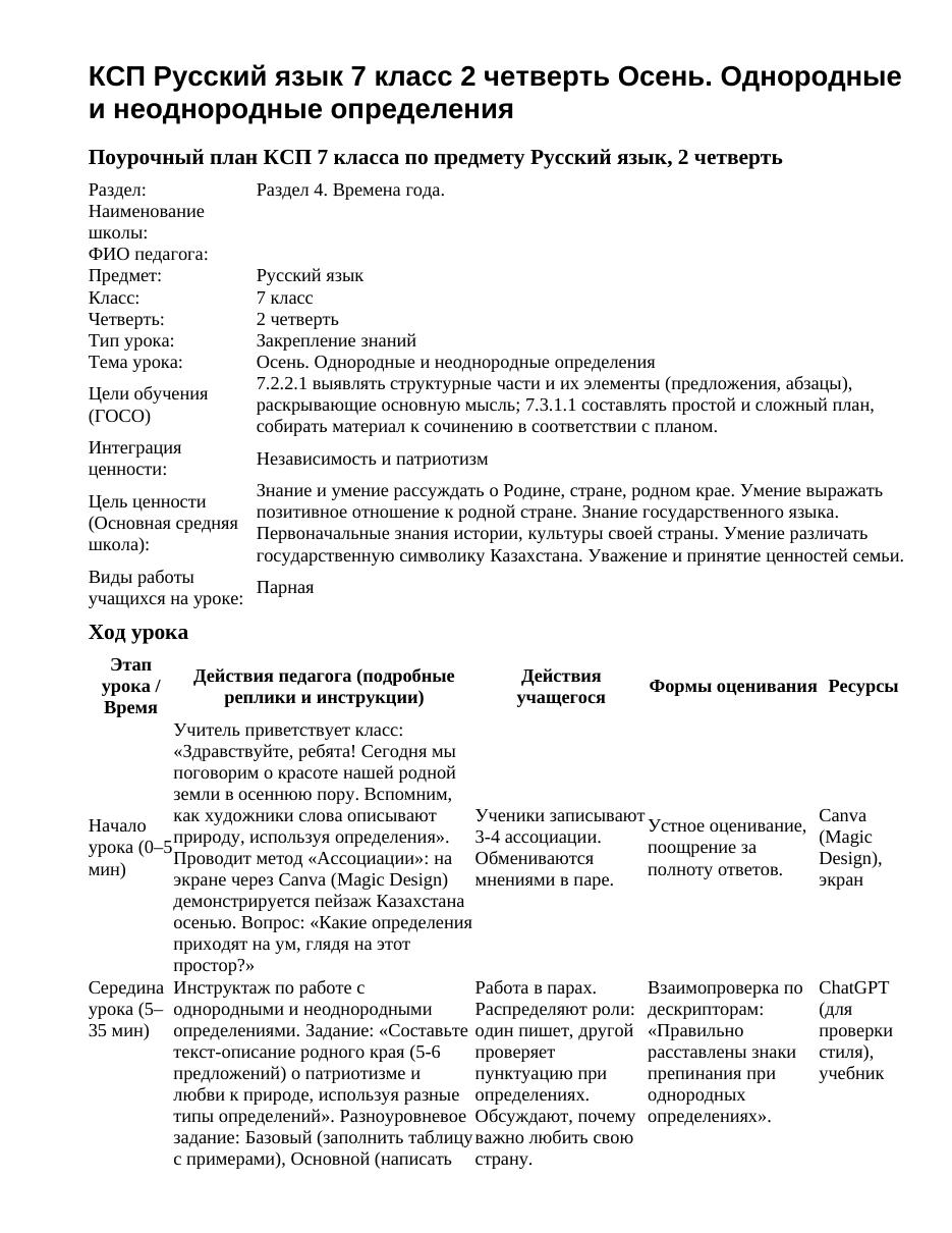 КСП Русский язык 7 класс 2 четверть Осень. Однородные и неоднородные определения