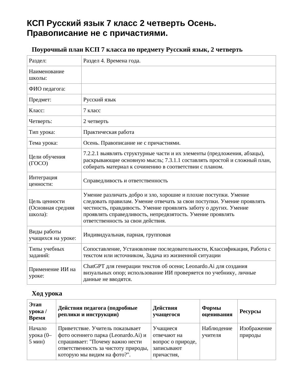 КСП Русский язык 7 класс 2 четверть Осень. Правописание не с причастиями.