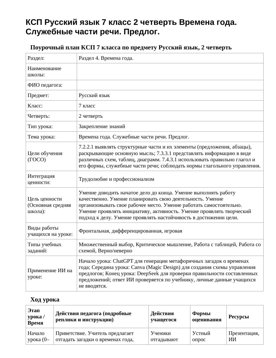 КСП Русский язык 7 класс 2 четверть Времена года. Служебные части речи. Предлог.