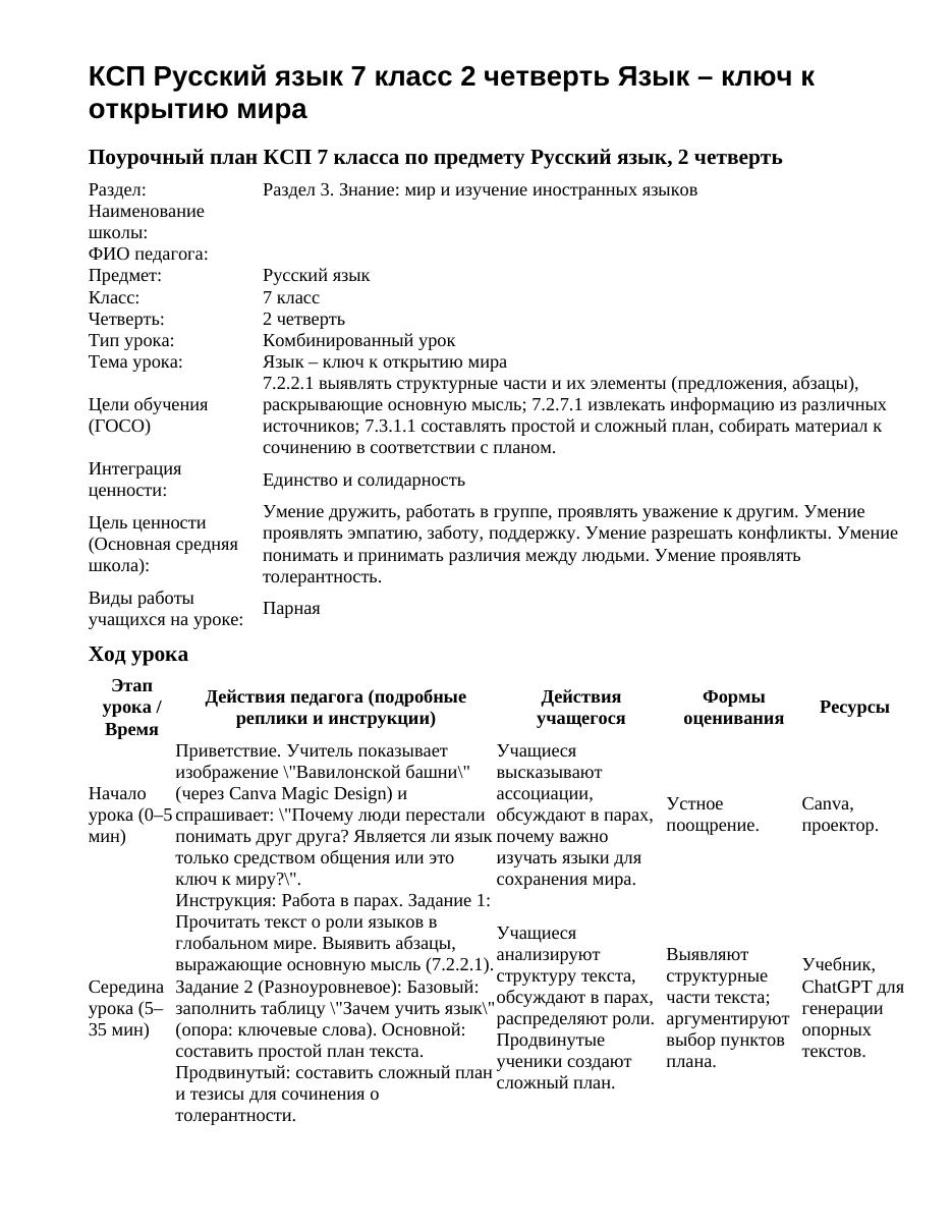 КСП Русский язык 7 класс 2 четверть Язык – ключ к открытию мира