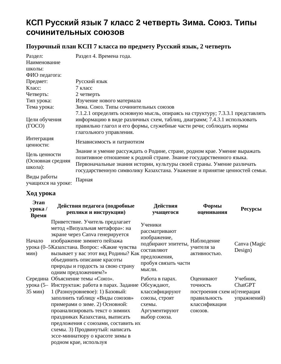 КСП Русский язык 7 класс 2 четверть Зима. Союз. Типы сочинительных союзов