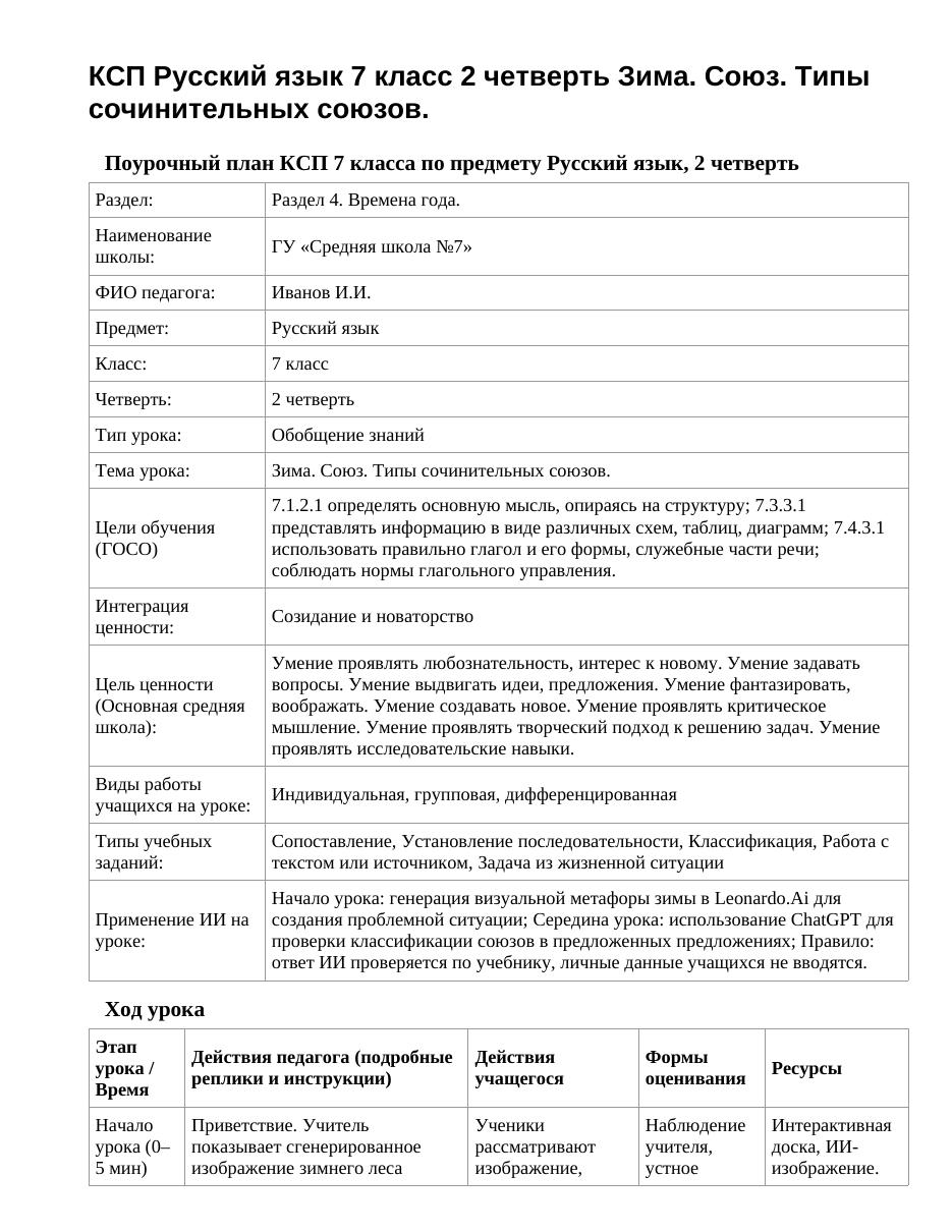 КСП Русский язык 7 класс 2 четверть Зима. Союз. Типы сочинительных союзов.