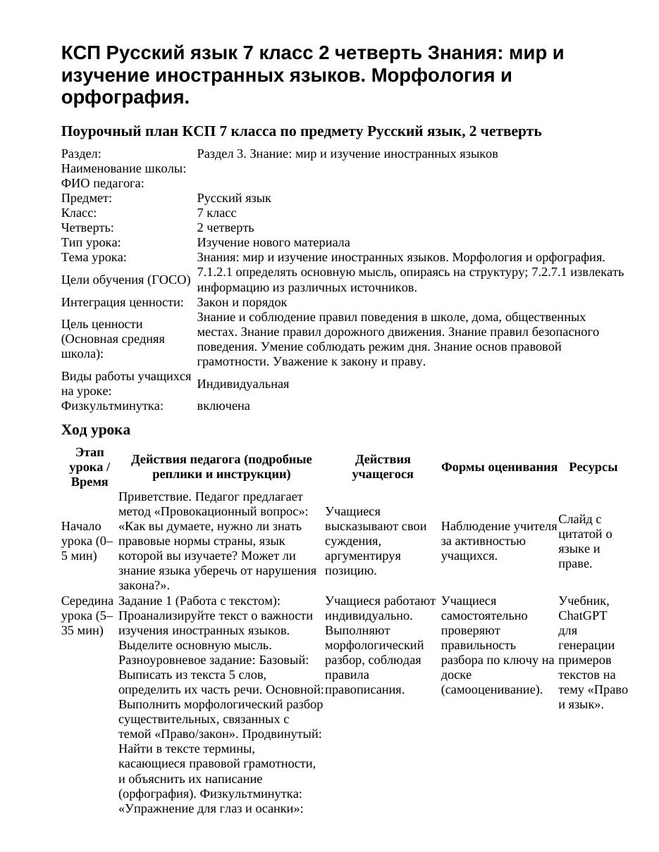КСП Русский язык 7 класс 2 четверть Знания: мир и изучение иностранных языков. Морфология и орфография.
